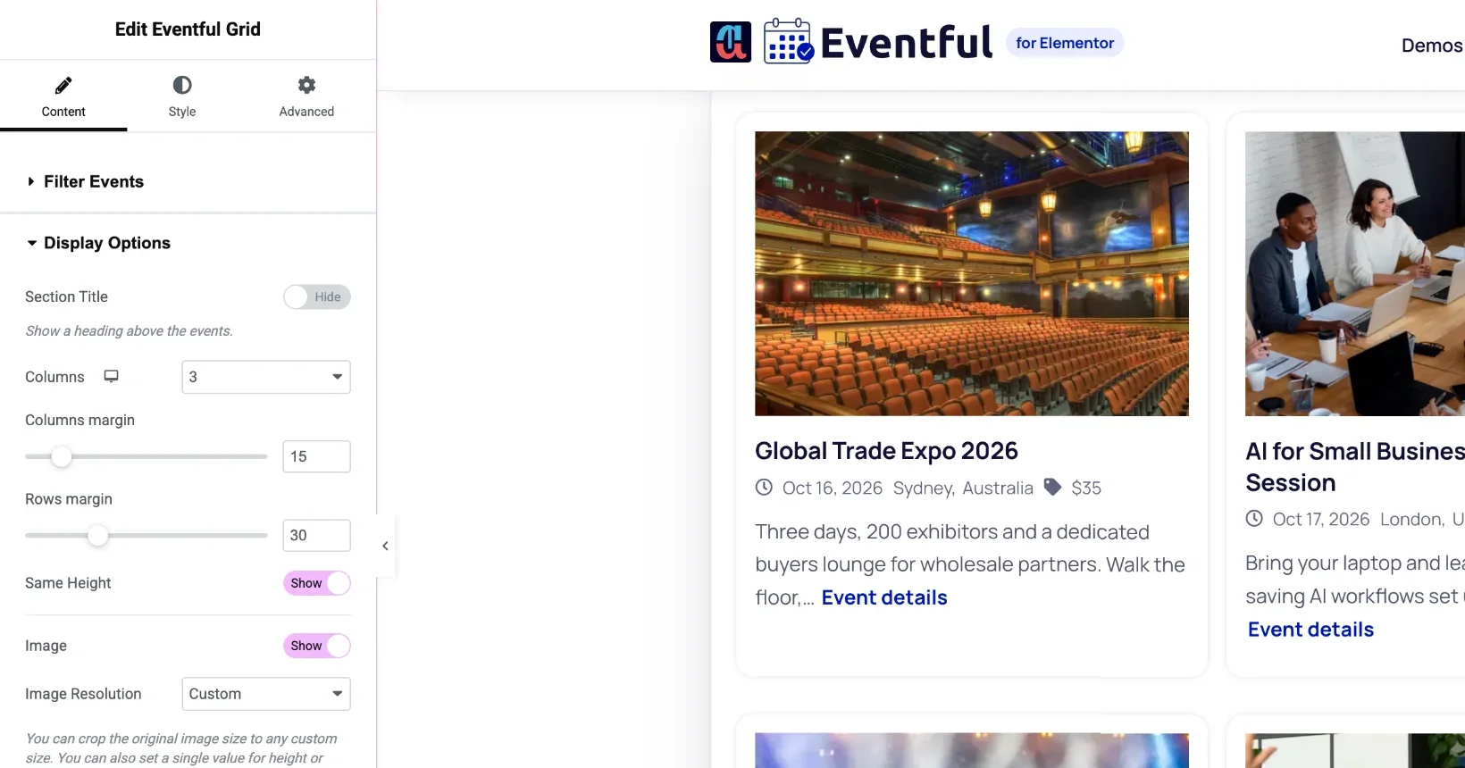 Eventful Grid widget Display Options in Elementor: columns, gaps and same height