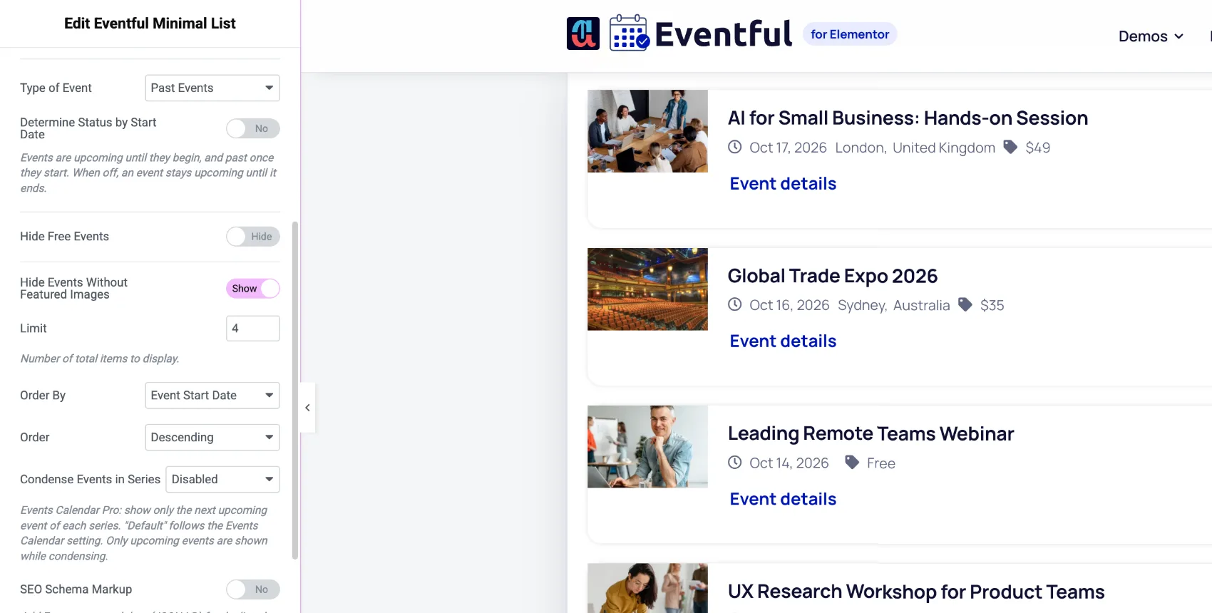 Eventful past events setting: Type of Event in the Filter Events section