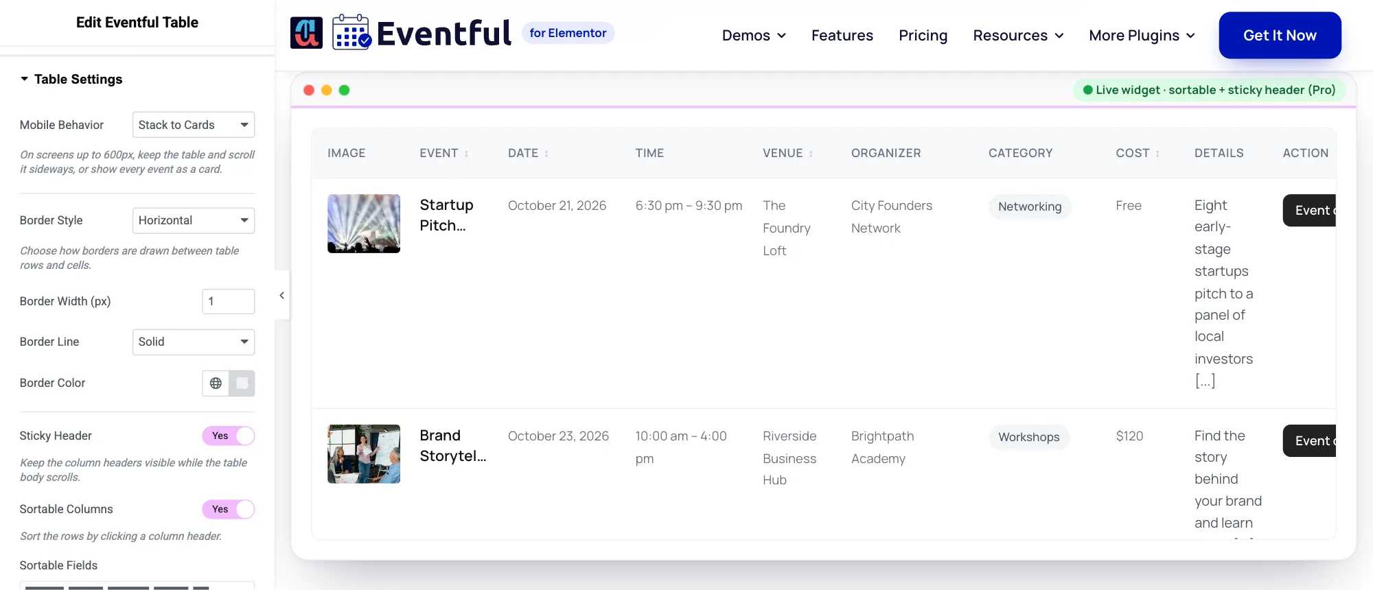 Eventful Table widget settings in Elementor: Mobile Behavior, borders, Sticky Header and Sortable Columns