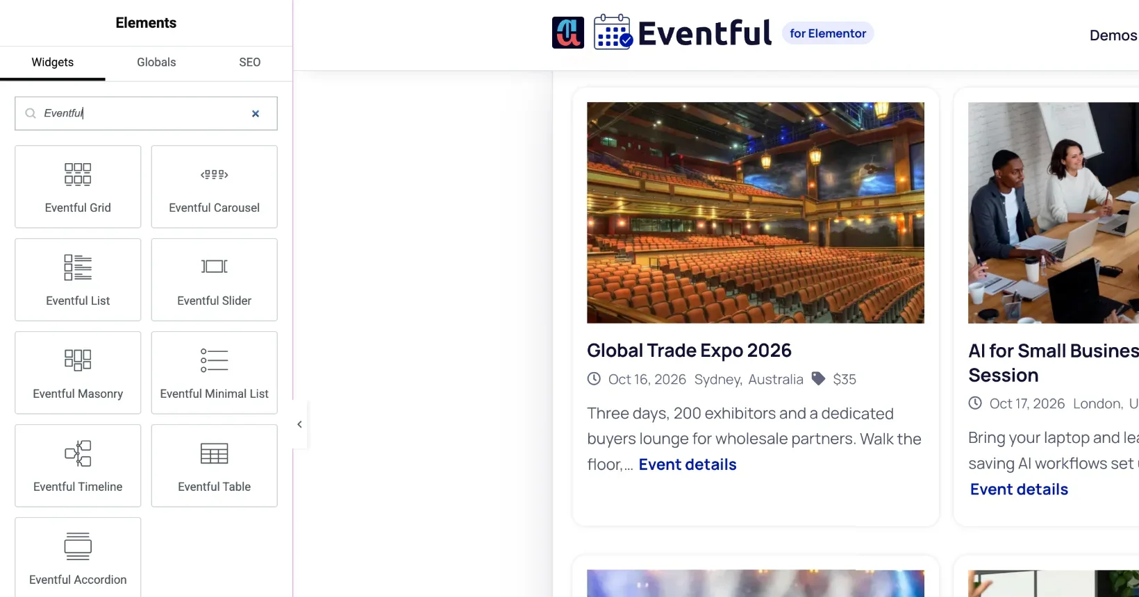 Eventful Pro for Elementor overview: the nine Eventful widgets in the Elementor panel next to a live Eventful Grid
